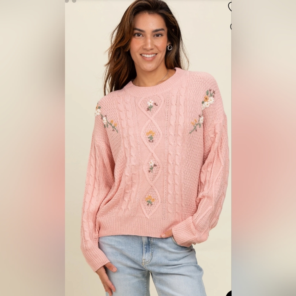 So Me Pink Cable Knit Sweater with Floral Embroidery Size Medium